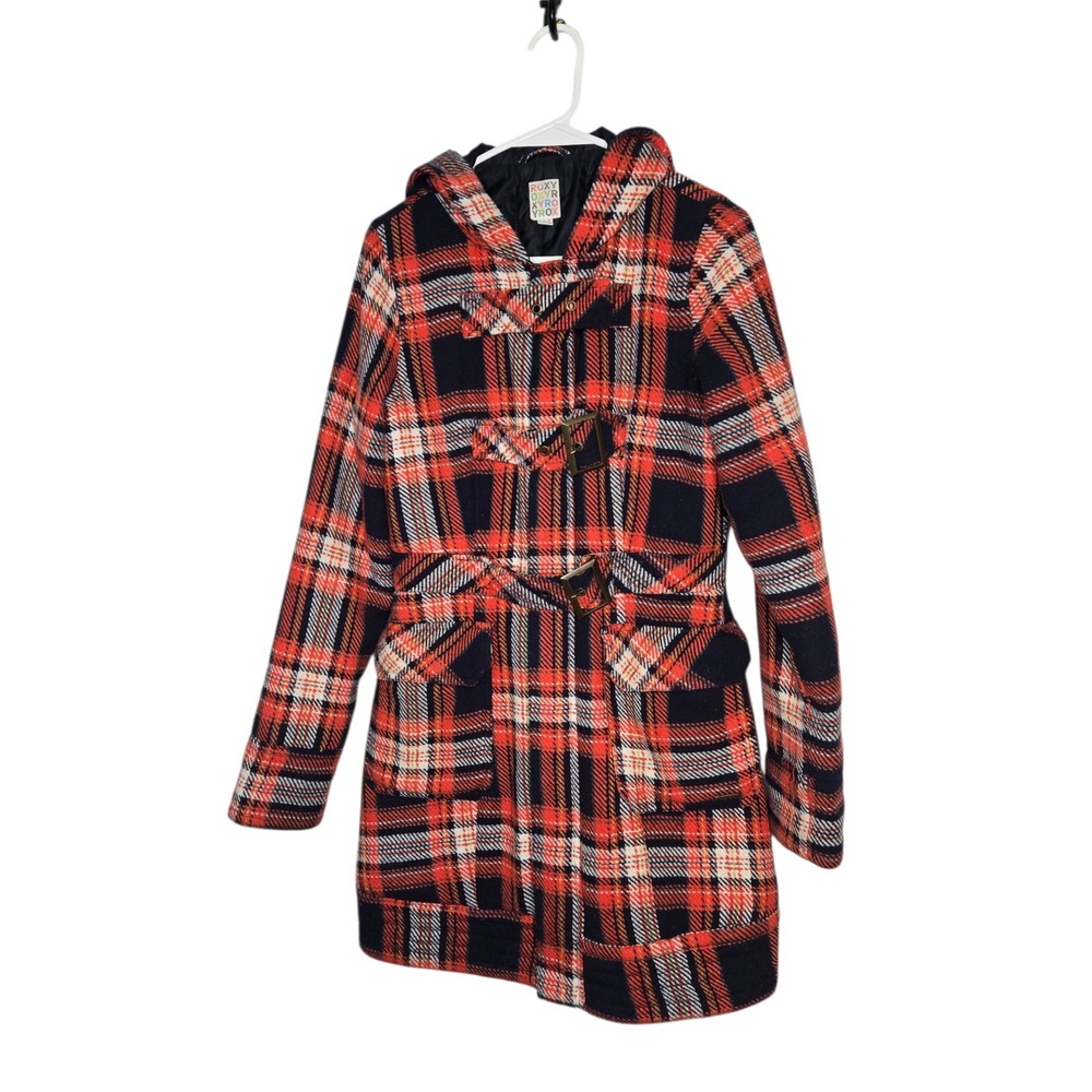 Roxy Plaid Toggle Coat Hooded Wool Blend Peacoat Jacket Y2K Cabin Core Size S